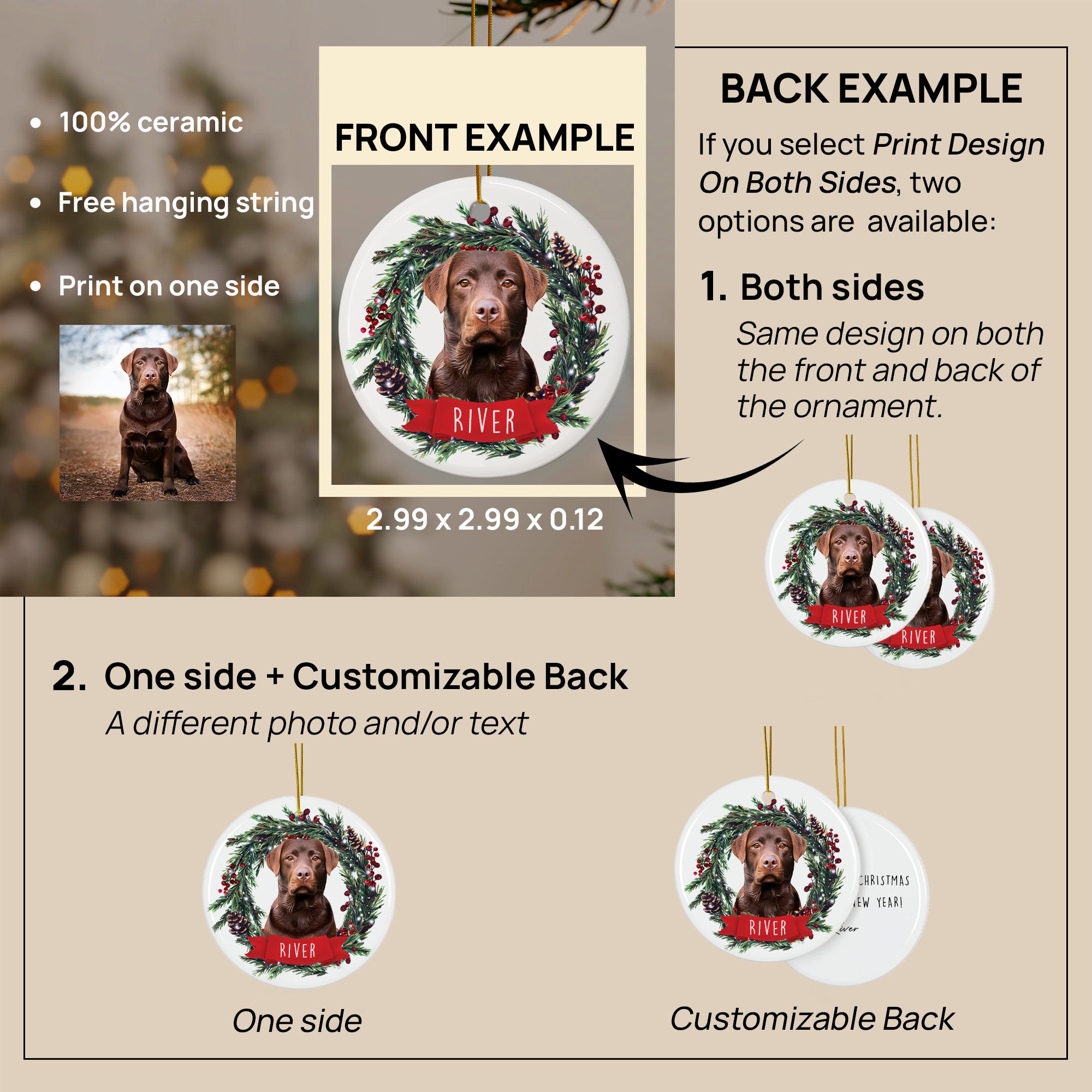 Custom Lovely Pet Photo, Personalized Double-Side Printed Ceramic Ornament - Christmas Gift For Pet Lovers