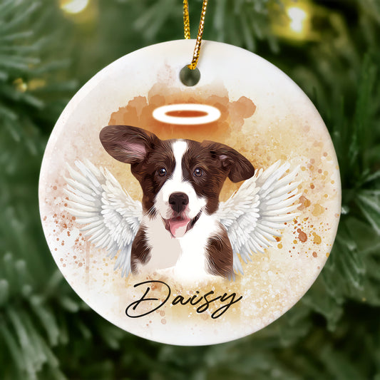 Pet Loss Angel Wings Custom Photo, Personalized One-Side Printed Ceramic Ornament - Christmas Gift For Pet Lovers