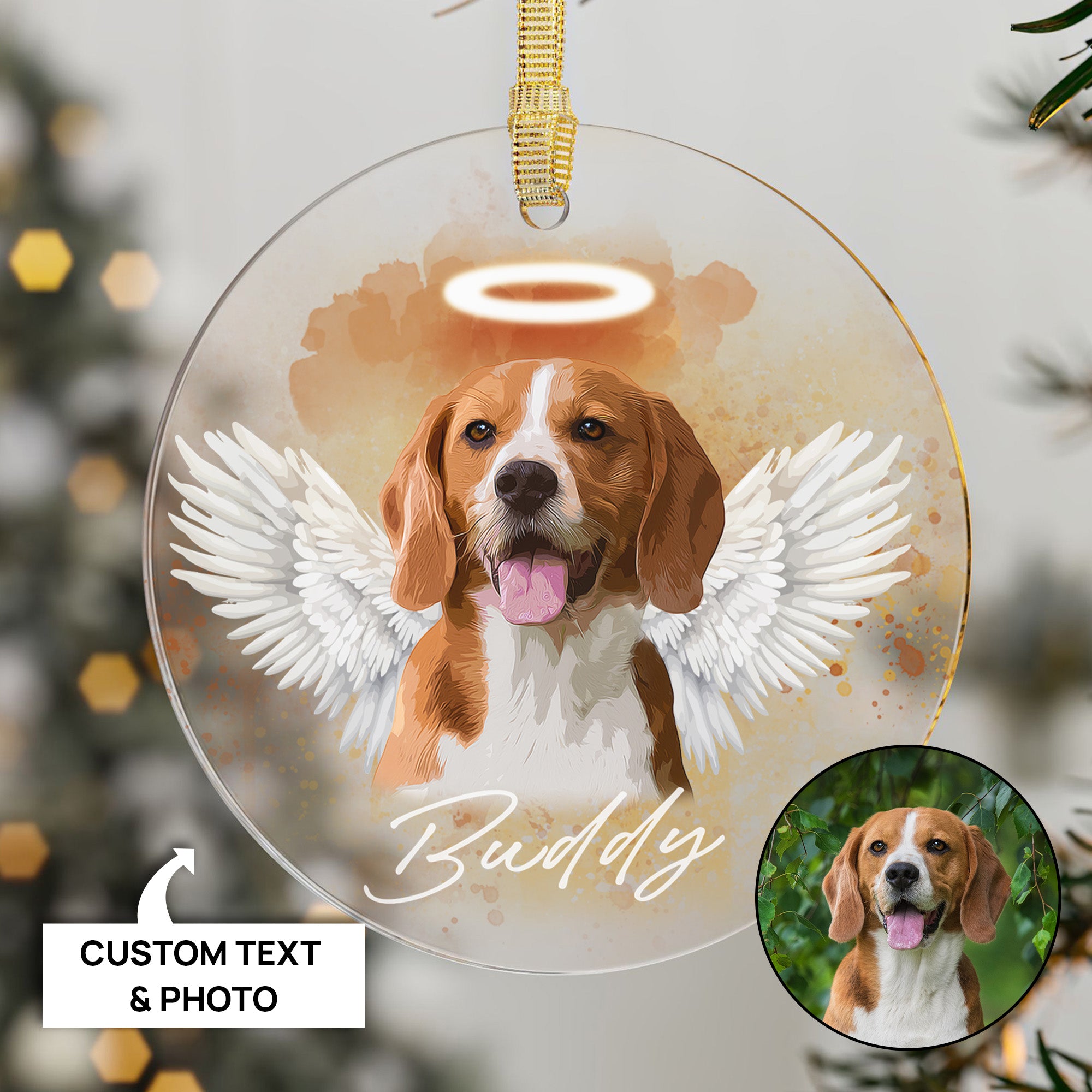 Pet Loss Angel Wings Custom Photo, Personalized One-Side Printed Acrylic Ornament - Christmas Gift For Pet Lovers