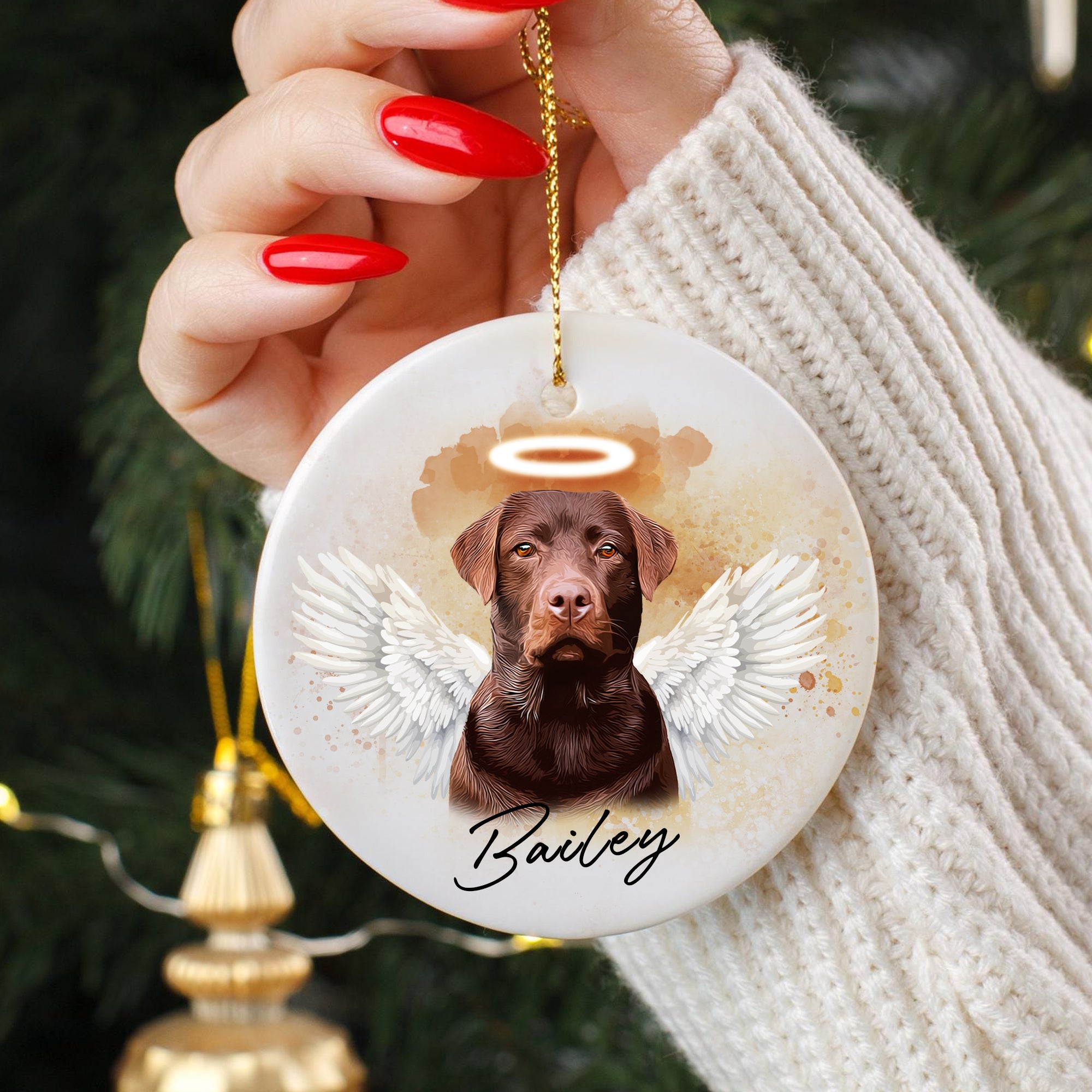 Pet Loss Angel Wings Custom Photo, Personalized One-Side Printed Ceramic Ornament - Christmas Gift For Pet Lovers