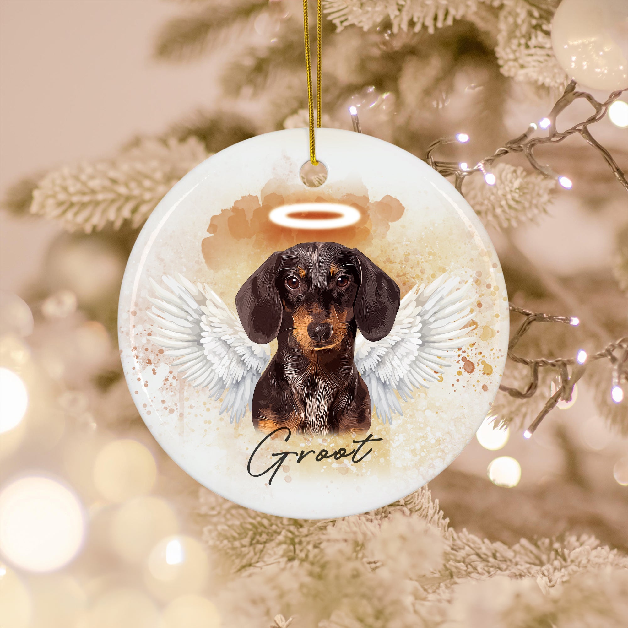 Pet Loss Angel Wings Custom Photo, Personalized One-Side Printed Ceramic Ornament - Christmas Gift For Pet Lovers