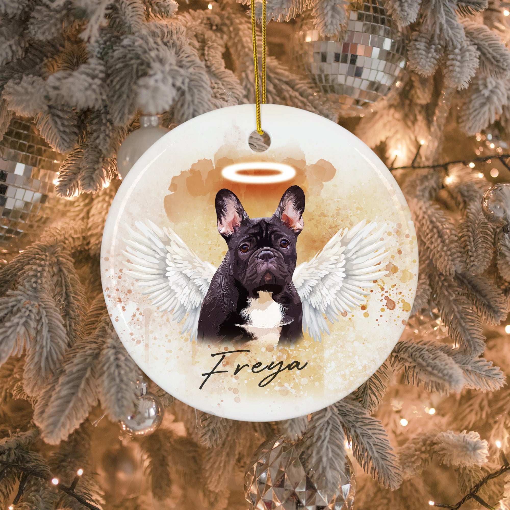 Pet Loss Angel Wings Custom Photo, Personalized One-Side Printed Ceramic Ornament - Christmas Gift For Pet Lovers