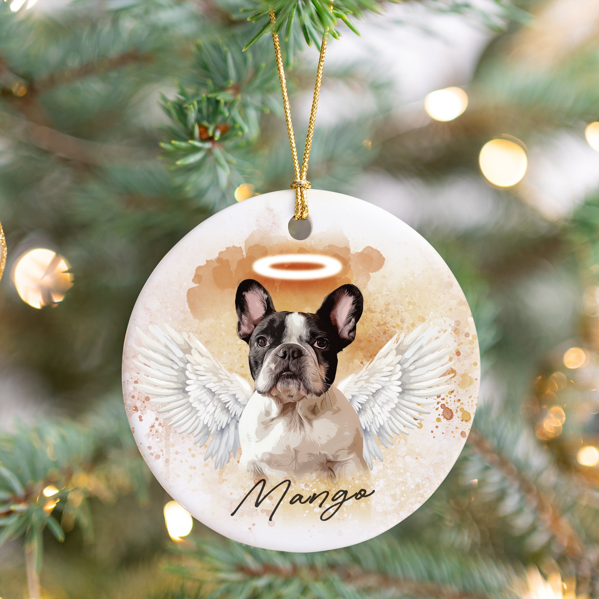 Pet Loss Angel Wings Custom Photo, Personalized One-Side Printed Ceramic Ornament - Christmas Gift For Pet Lovers