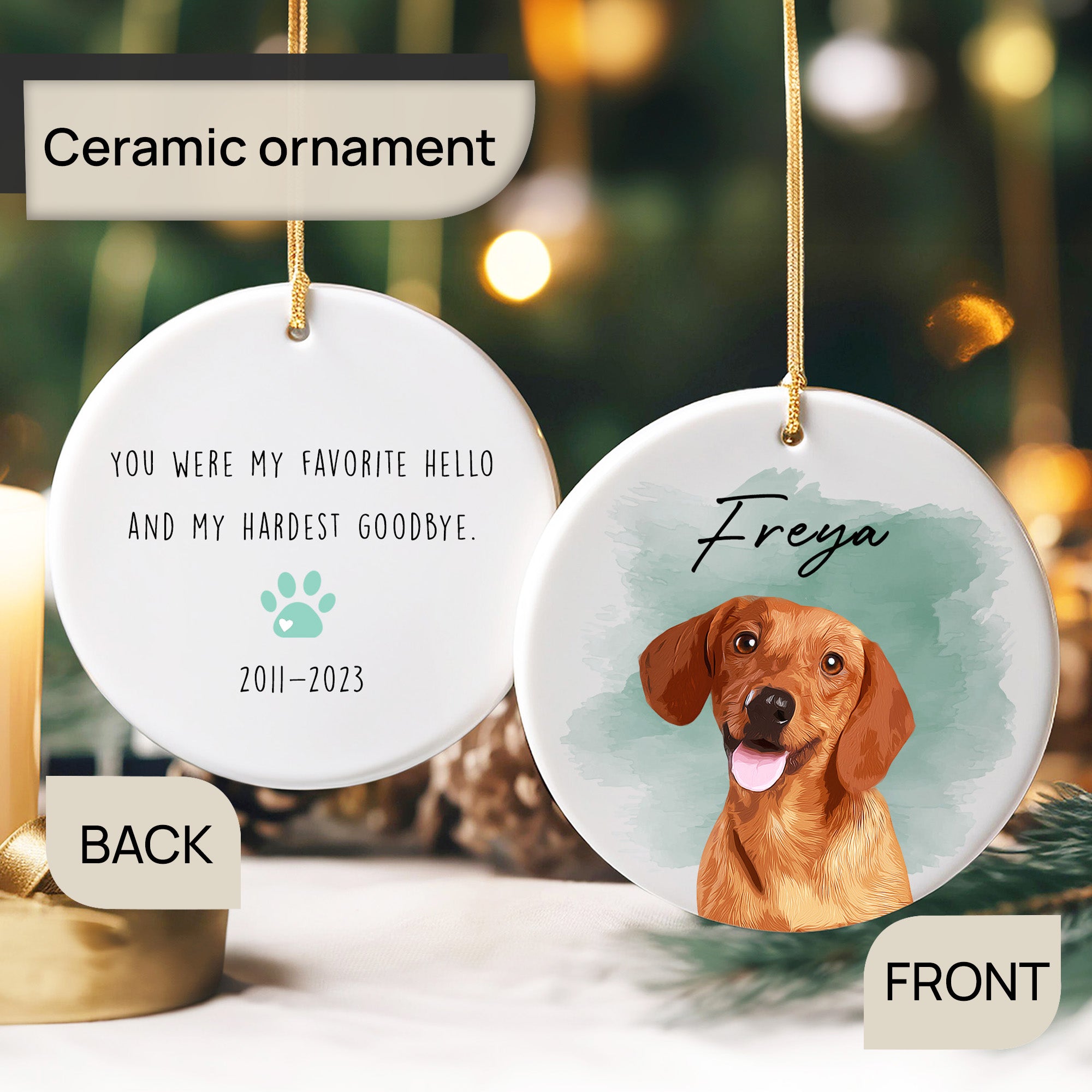 Pet Memorial Custom Photo, Personalized Double-Side Printed Ceramic Ornament - Christmas Gift For Pet Lovers