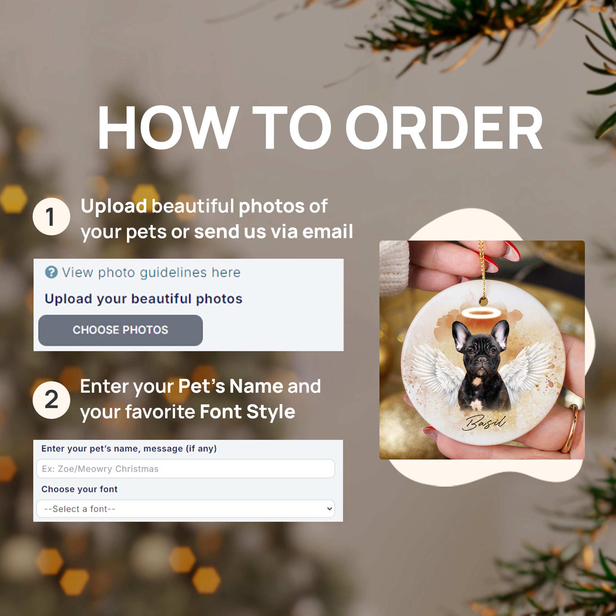 Pet Loss Angel Wings Custom Photo, Personalized One-Side Printed Ceramic Ornament - Christmas Gift For Pet Lovers