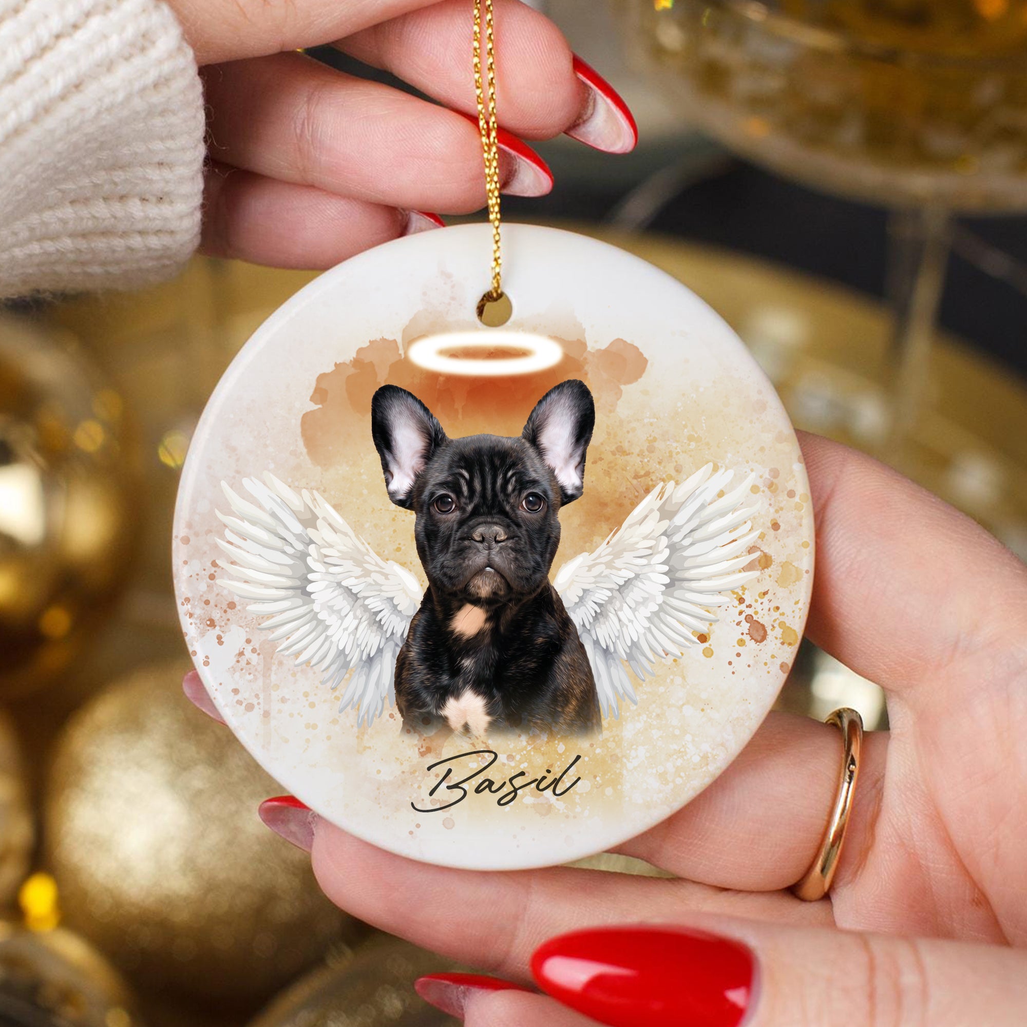 Pet Memorial Angel Wings Custom Photo, Personalized One-Side Printed Ceramic Ornament - Christmas Gift For Pet Lovers