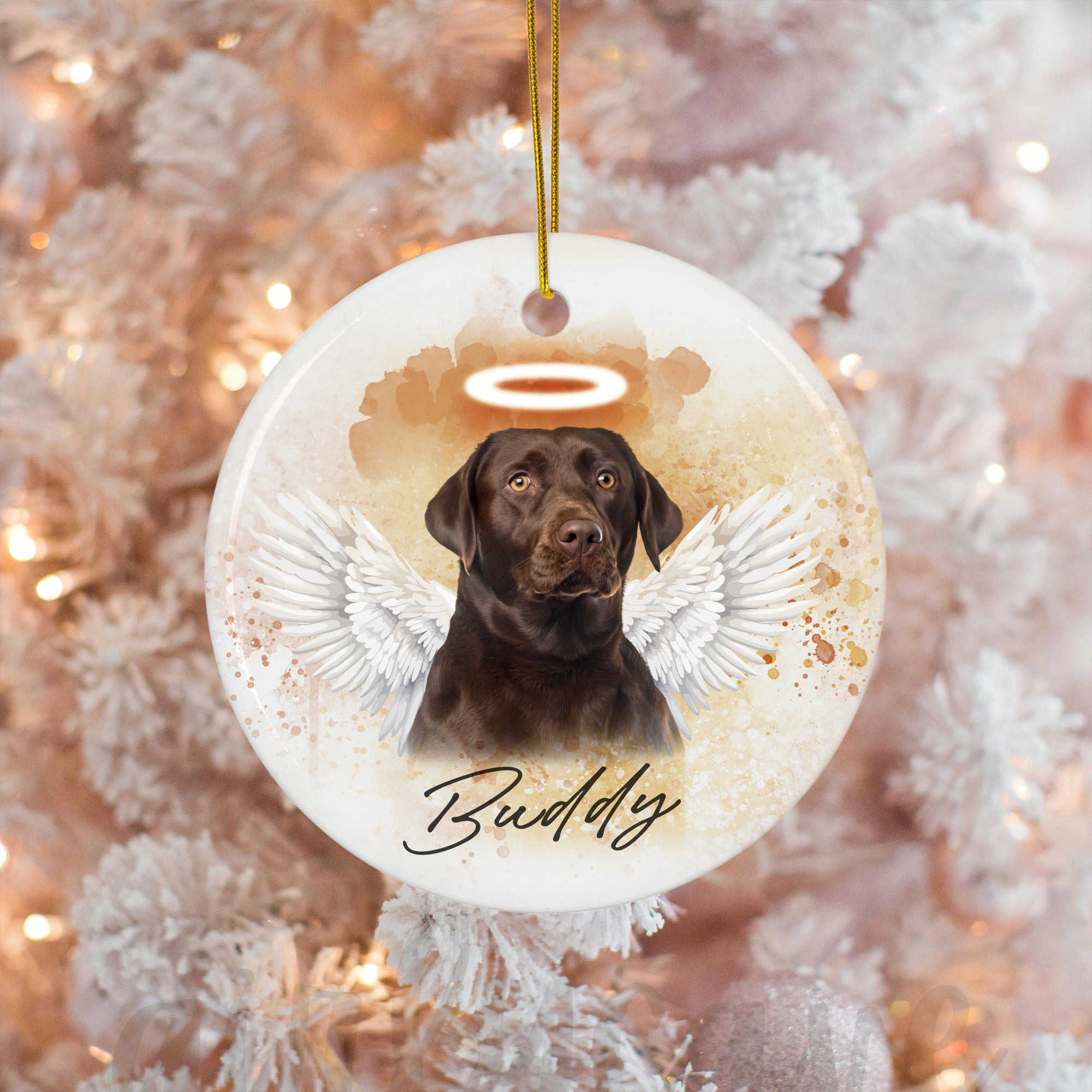Pet Memorial Angel Wings Custom Photo, Personalized One-Side Printed Ceramic Ornament - Christmas Gift For Pet Lovers
