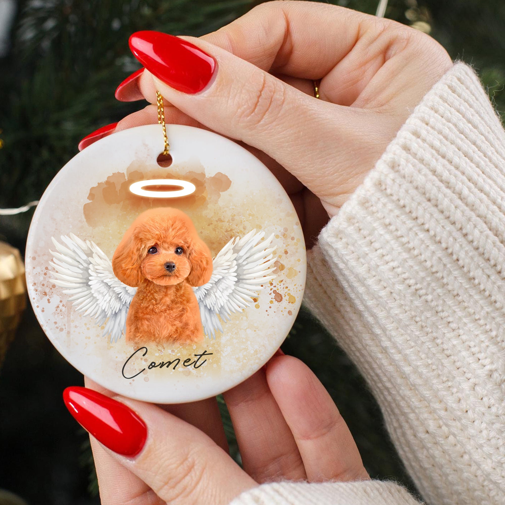 Pet Memorial Angel Wings Custom Photo, Personalized One-Side Printed Ceramic Ornament - Christmas Gift For Pet Lovers