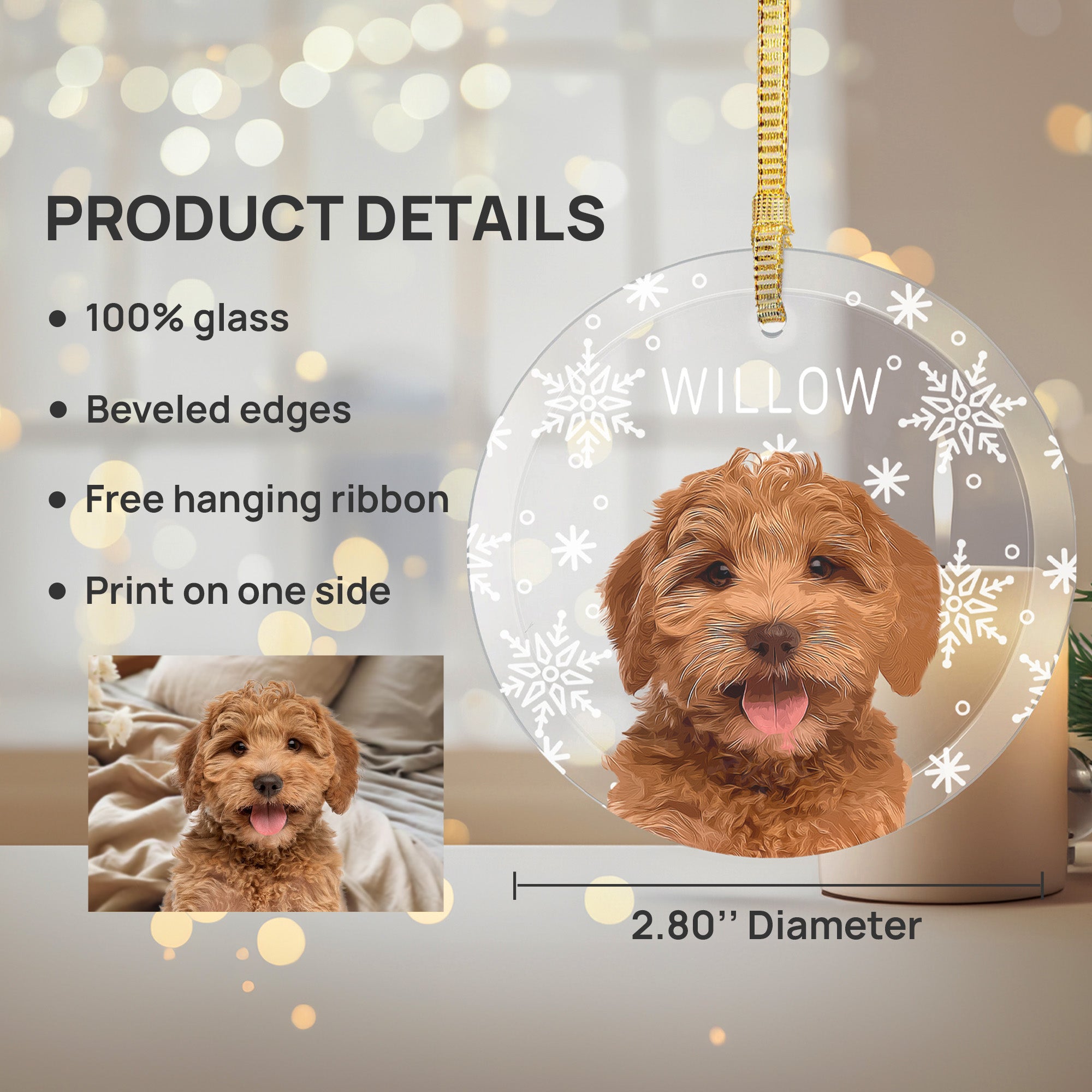 Custom Charming Pet Photo, Personalized One-Side Printed Glass Ornament - Christmas Gift For Pet Owners