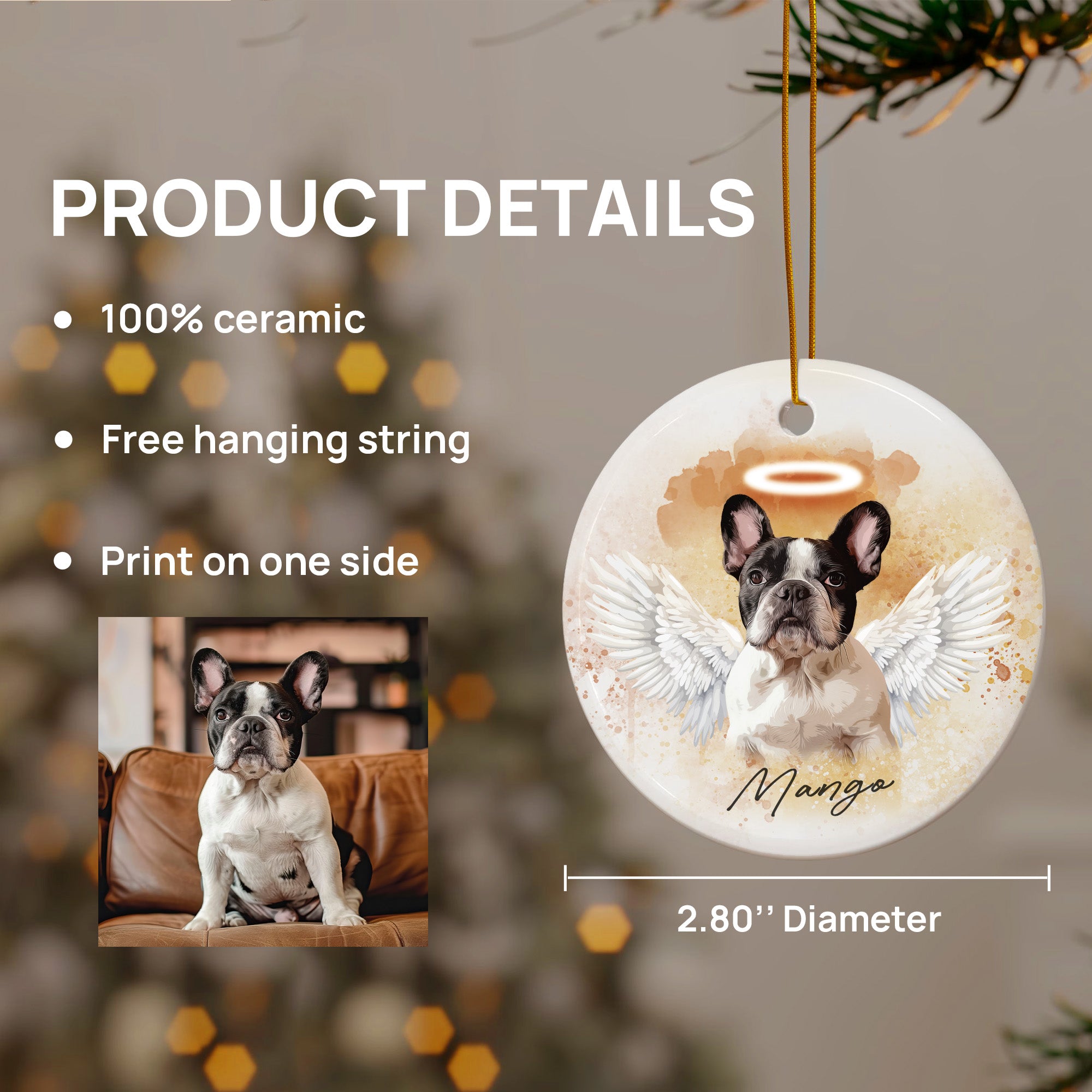 Pet Memorial Angel Wings Custom Photo, Personalized One-Side Printed Ceramic Ornament - Christmas Gift For Pet Lovers