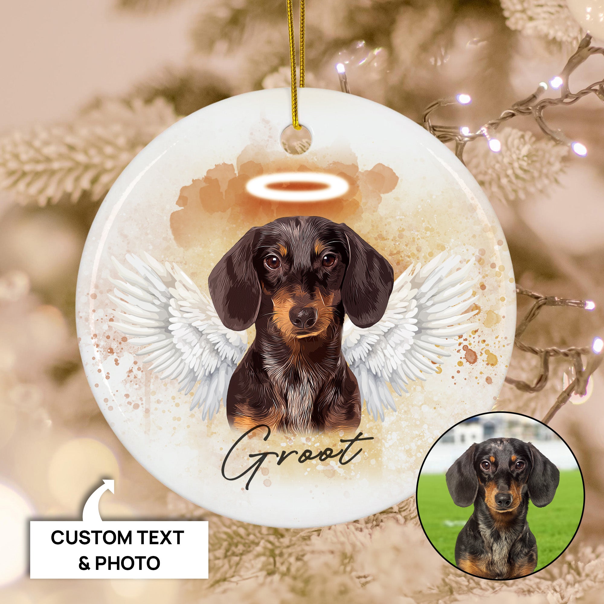 Pet Loss Angel Wings Custom Photo, Personalized One-Side Printed Ceramic Ornament - Christmas Gift For Pet Lovers