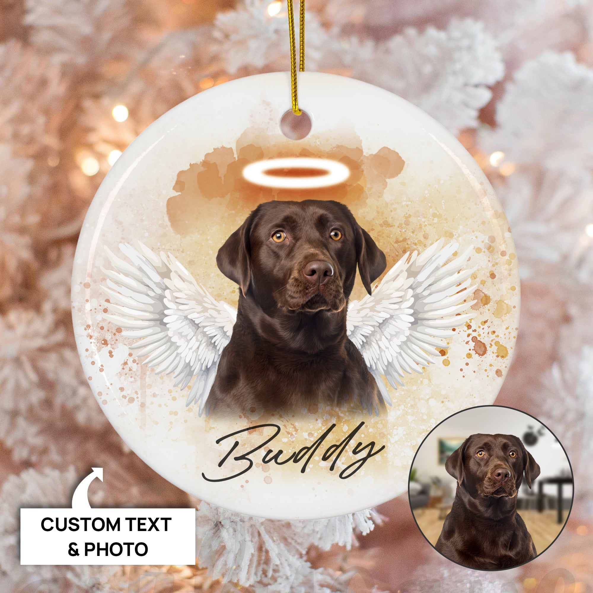 Pet Memorial Angel Wings Custom Photo, Personalized One-Side Printed Ceramic Ornament - Christmas Gift For Pet Lovers
